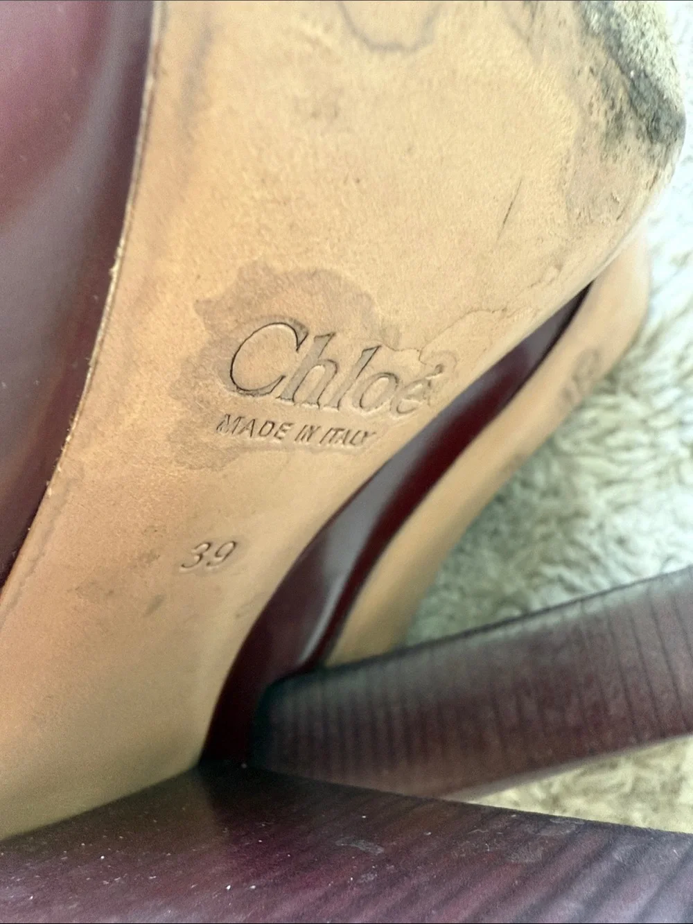 Chloe Burgundy Patent Leather Block Heel Ankle Boots